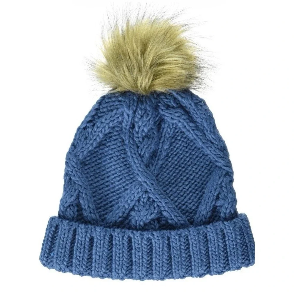 Amazon Essentials Girl Boy Blue Knitted Faux Fur Pom Pom Beanie One size C848